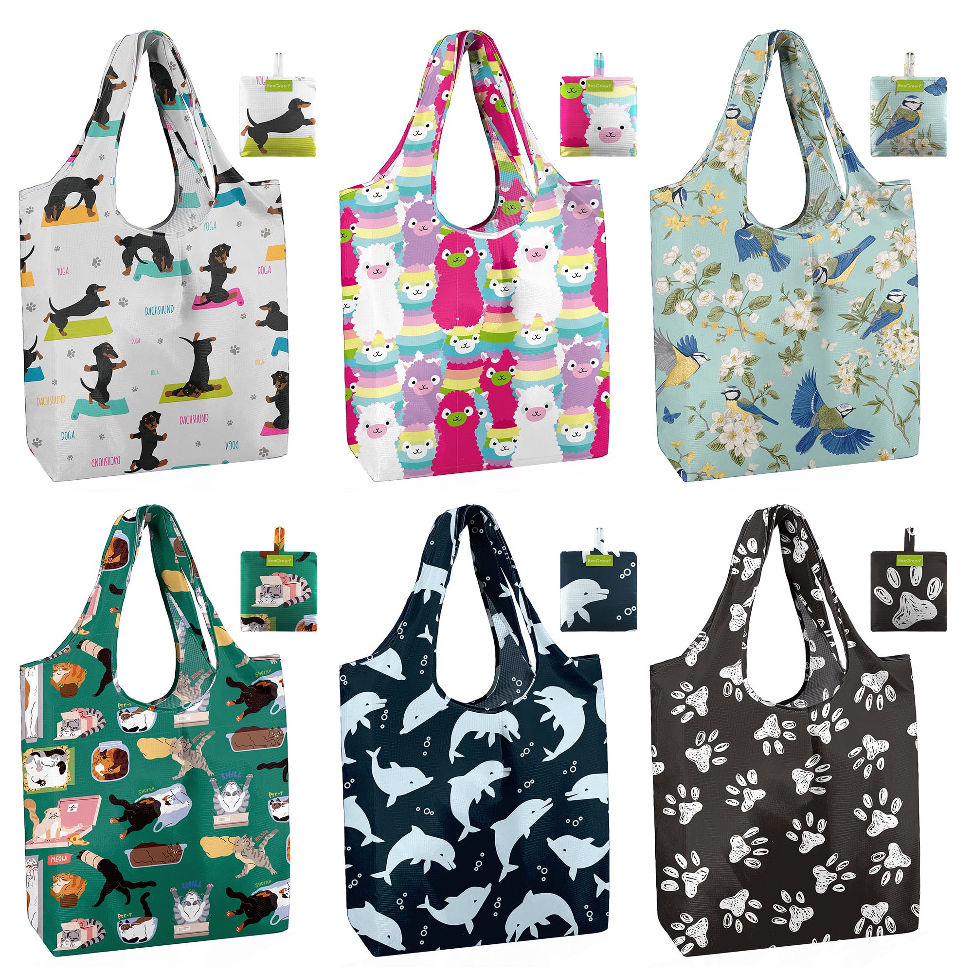 BeeGreen Christmas Reusable Gift Bags,6 Pack Large Holiday Tote Foldable Cloth Bag for Women, Cute Grocery Storage for Xmas Gifts Market Shopping, Washable Collapsible Reusable Bags with Handles